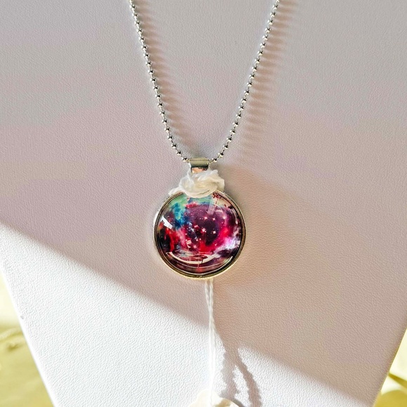 NEBULA IN SPACE PENDANT NECKLACE, HANDMADE, GLASS DOME ON METAL, 23 INCH SILVER- - Picture 3 of 3